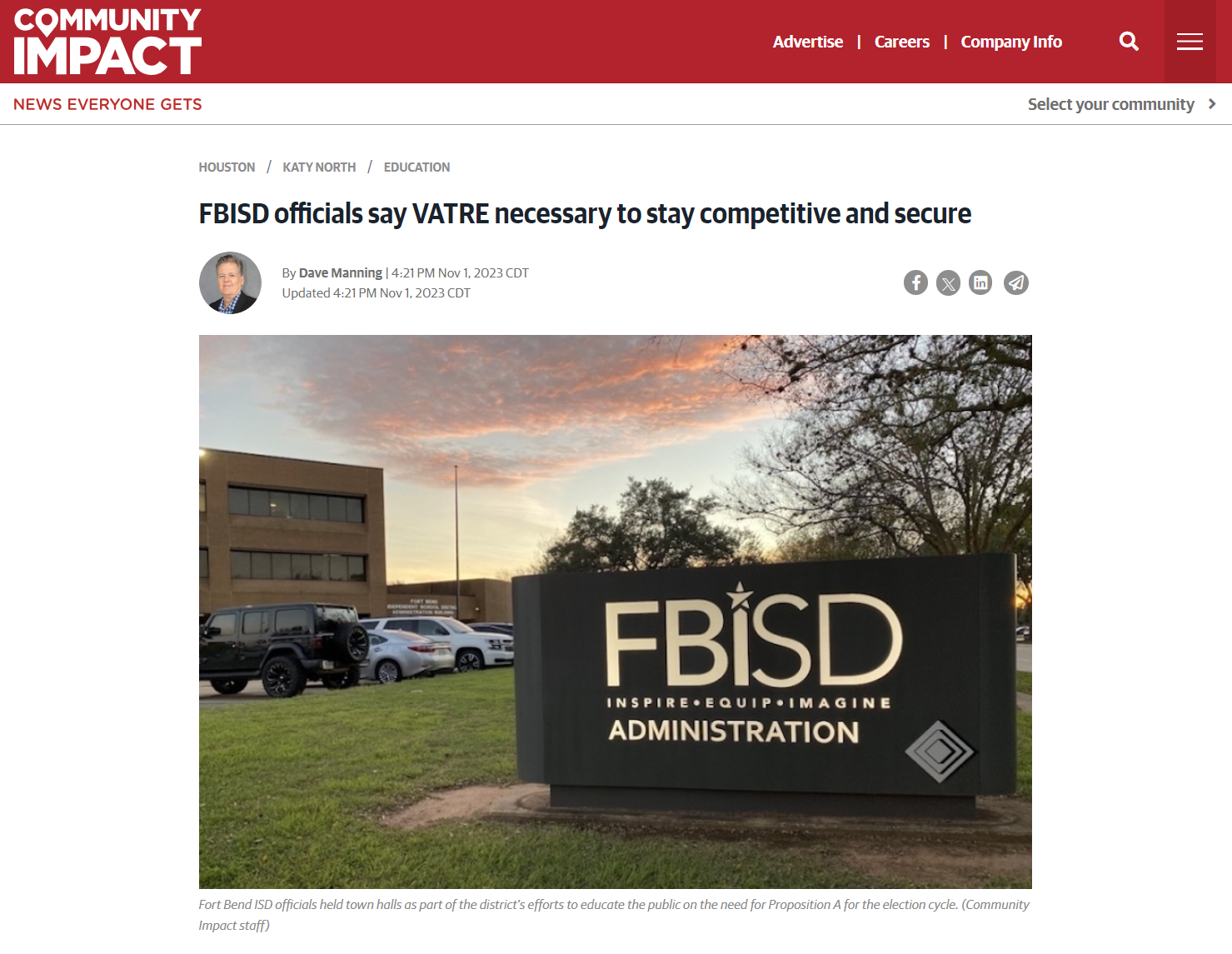 Community Impact news article on FBISD officials say VATRE necessary to stay competitive and secure